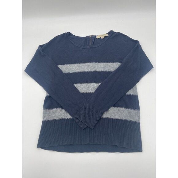 LOFT Sweater w Stripes Long Sleeves Sz M Round Neck Blue & Silver Zipper on Back - Picture 5 of 8